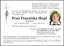 Traueranzeige Franziska Hupf