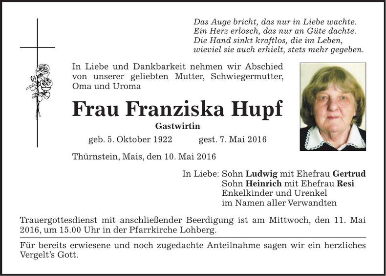 Traueranzeige Franziska Hupf