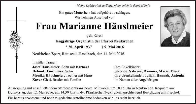 Traueranzeige Marianne Häuslmeier