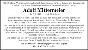 Traueranzeige Adolf Mittermeier