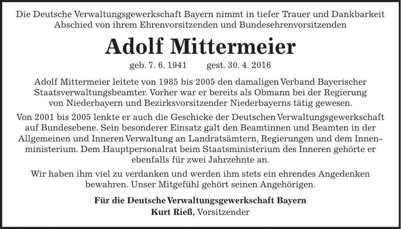 Traueranzeige Adolf Mittermeier