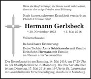 Traueranzeige Hermann Gerlsbeck
