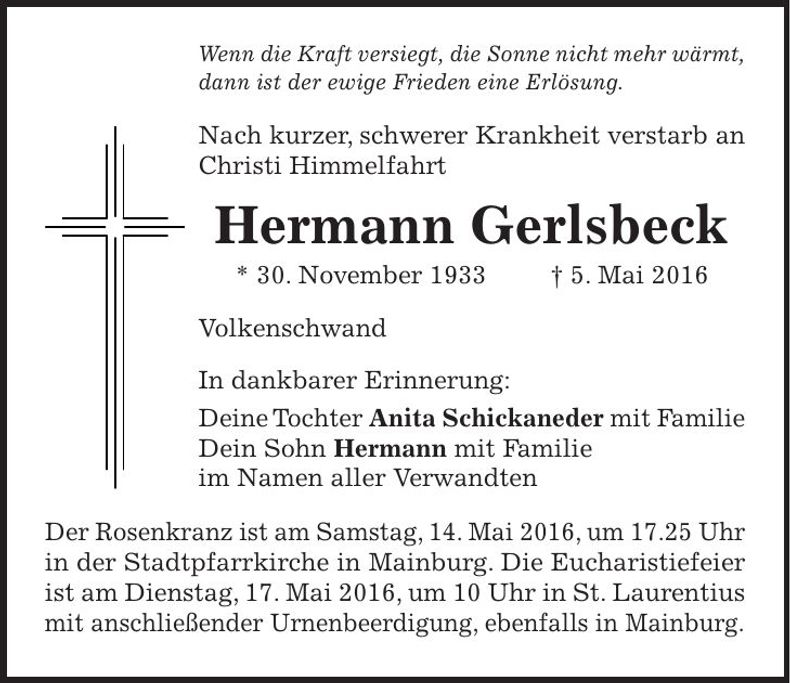 Traueranzeige Hermann Gerlsbeck