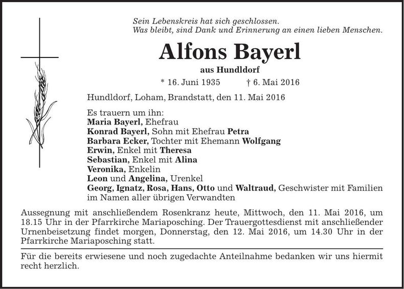 Traueranzeige Alfons Bayerl