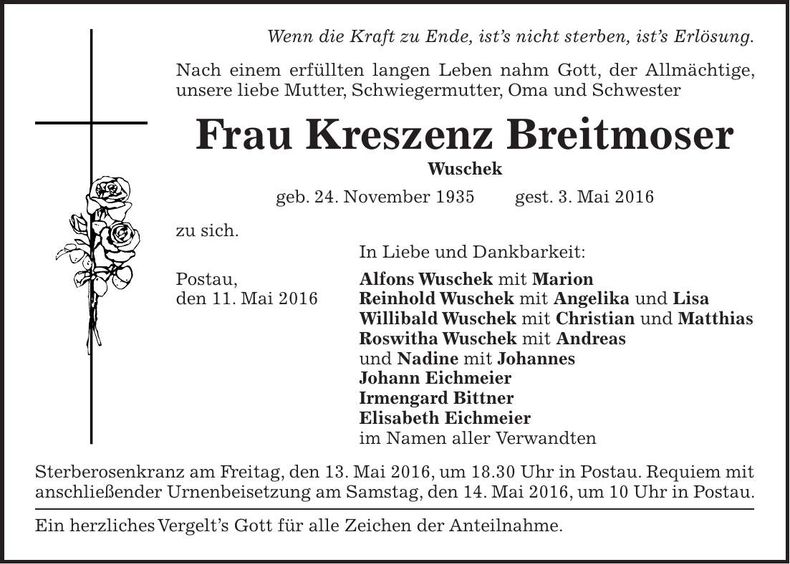 Traueranzeige Kreszenz Breitmoser
