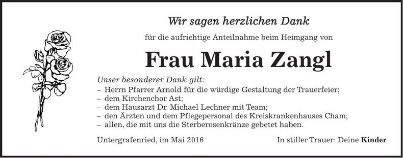 Traueranzeige Maria Zangl