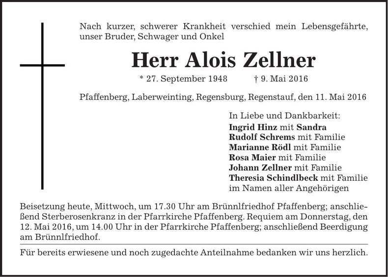 Traueranzeige Alois Zellner