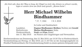 Traueranzeige Michael Wilhelm Bindhammer