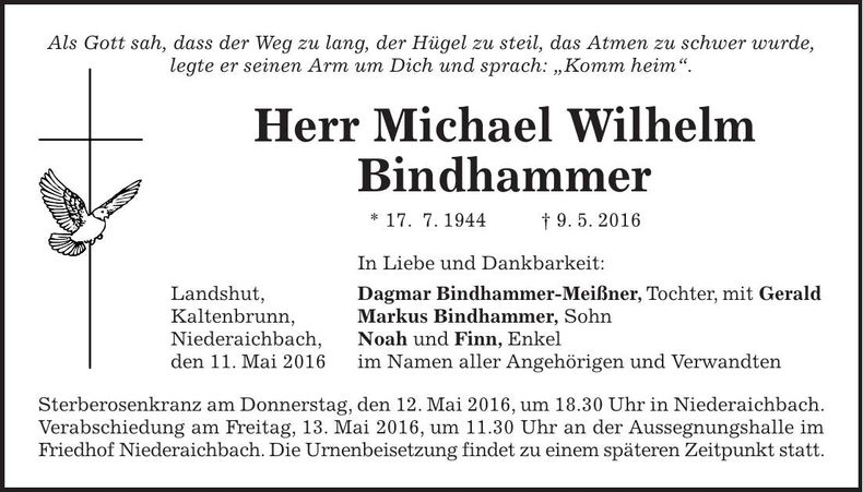Traueranzeige Michael Wilhelm Bindhammer