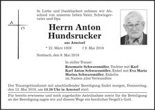 Traueranzeige Anton Hundsrucker
