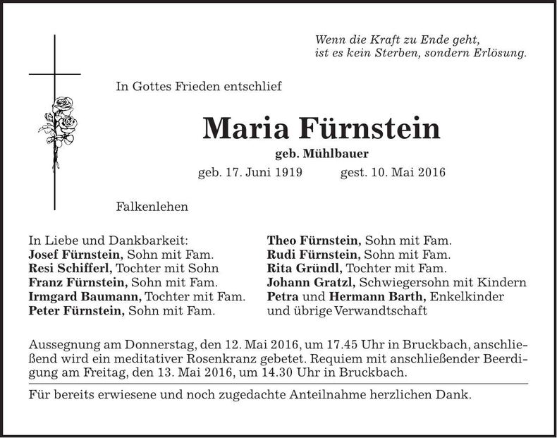 Traueranzeige Maria Fürnstein