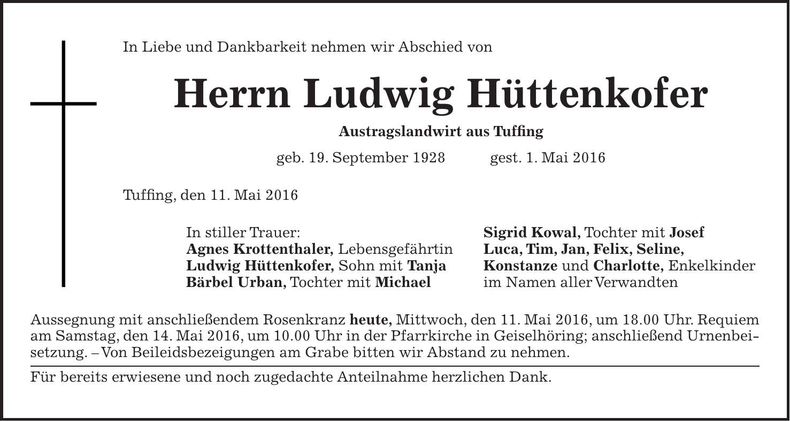 Traueranzeige Ludwig Hüttenkofer