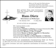 Traueranzeige Hans Dietz