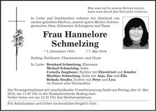 Traueranzeige Hannelore Schmelzing
