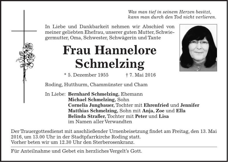 Traueranzeige Hannelore Schmelzing