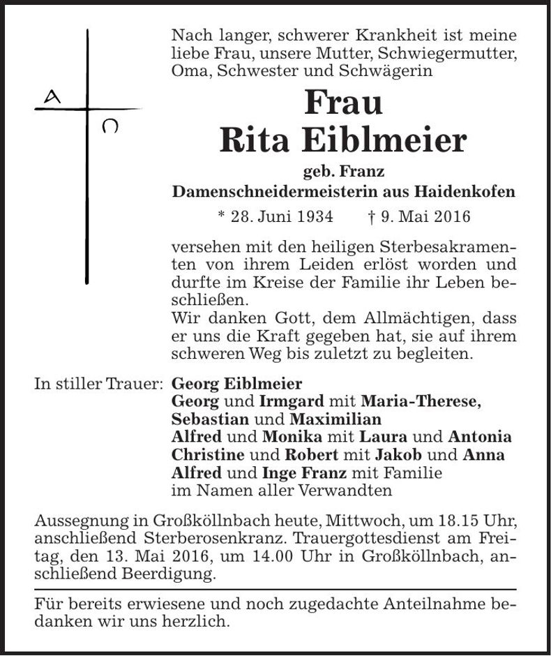 Traueranzeige Rita Eiblmeier