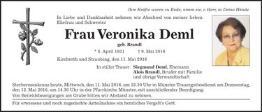 Traueranzeige Veronika Deml