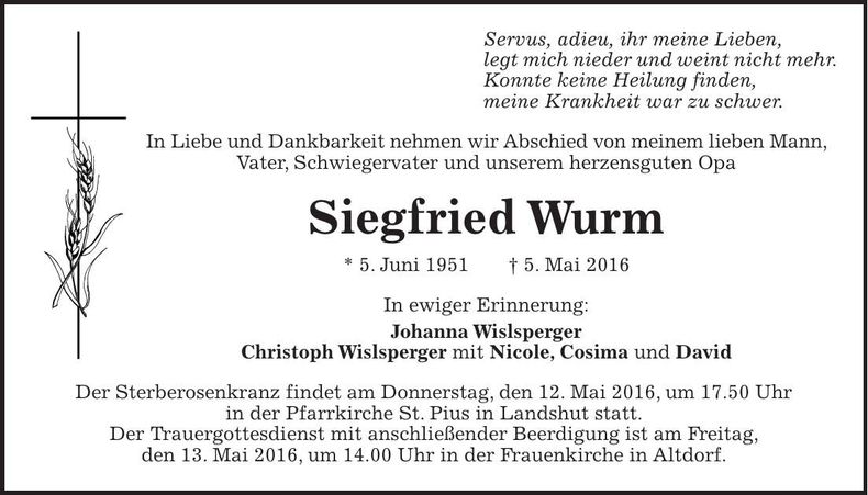 Traueranzeige Siegfried Wurm