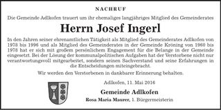 Traueranzeige Josef Ingerl