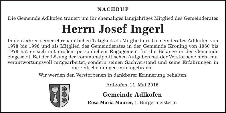 Traueranzeige Josef Ingerl
