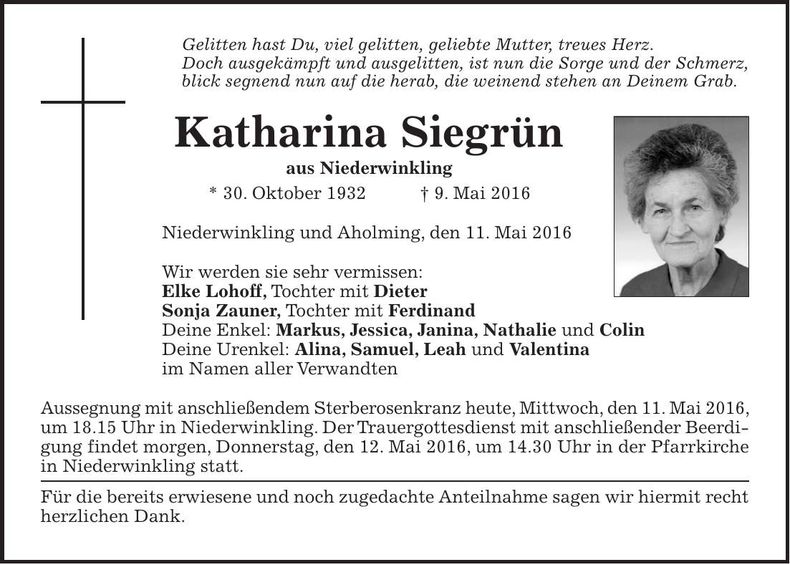 Traueranzeige Katharina Siegrün