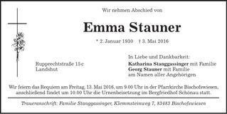 Traueranzeige Emma Stauner