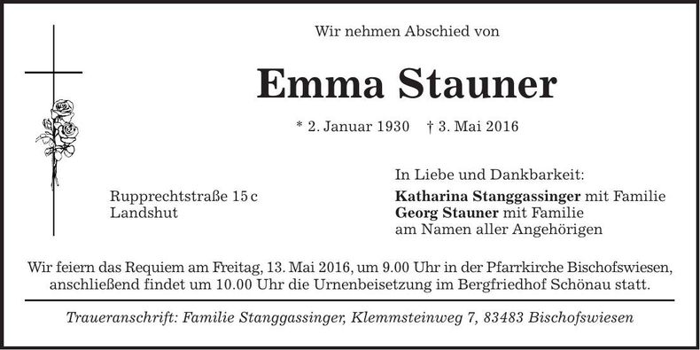 Traueranzeige Emma Stauner