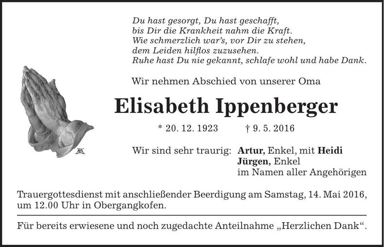 Traueranzeige Elisabeth Ippenberger