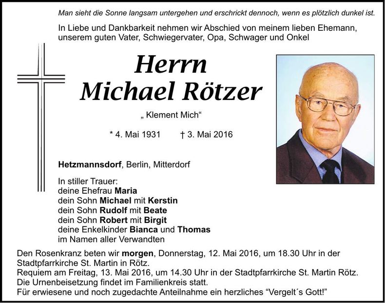 Traueranzeige Michael Rötzer
