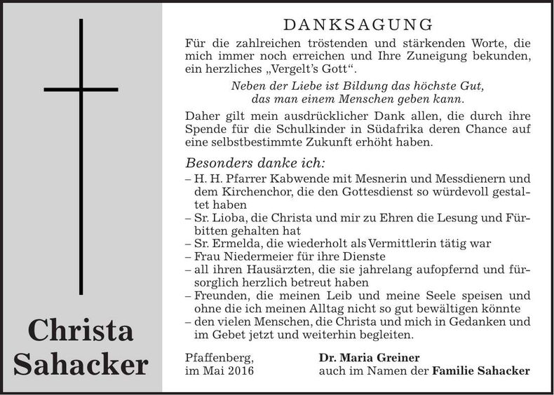 Traueranzeige Christa Sahacker