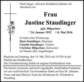 Traueranzeige Justine Staudinger