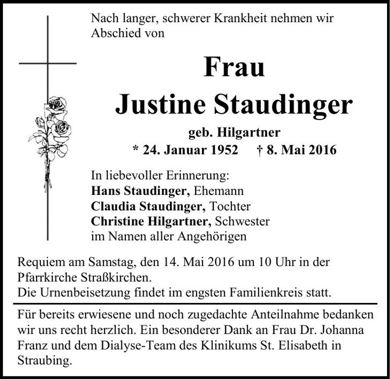 Traueranzeige Justine Staudinger