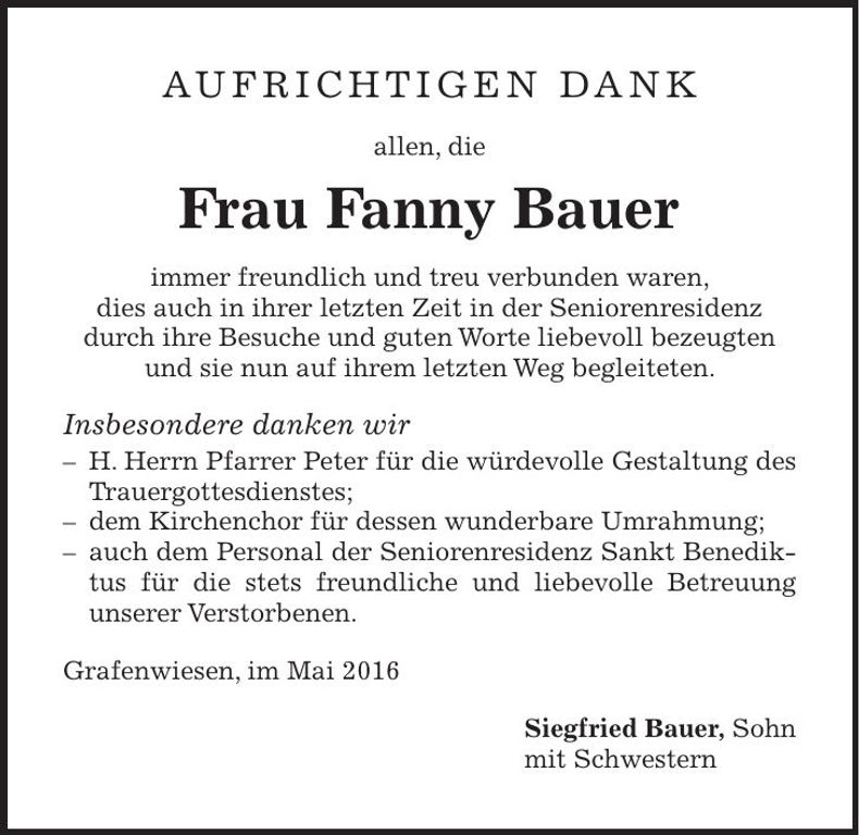 Traueranzeige Fanny Bauer