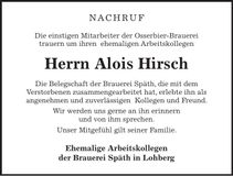 Traueranzeige Alois Hirsch