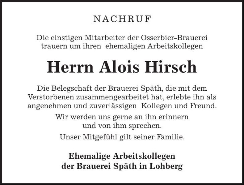 Traueranzeige Alois Hirsch