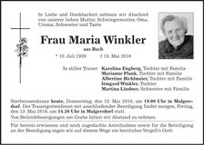 Traueranzeige Maria Winkler