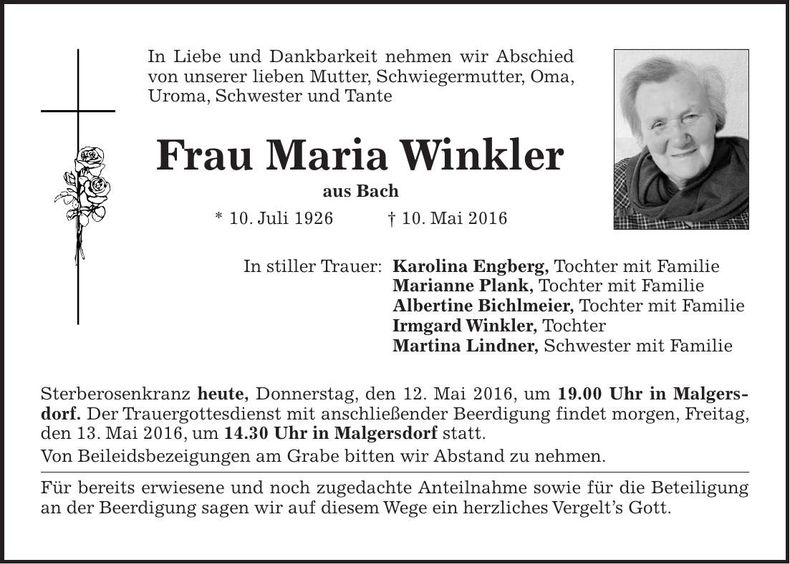 Traueranzeige Maria Winkler