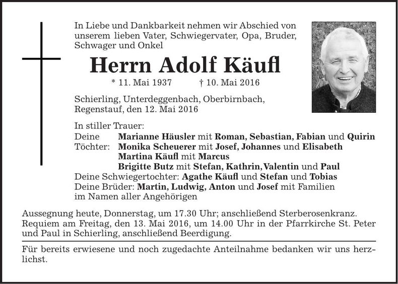 Traueranzeige Adolf Käufl