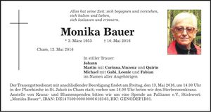 Traueranzeige Monika Bauer