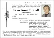 Traueranzeige Anna Brandl