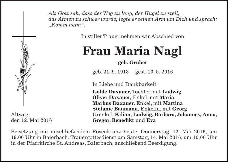 Traueranzeige Maria Nagl