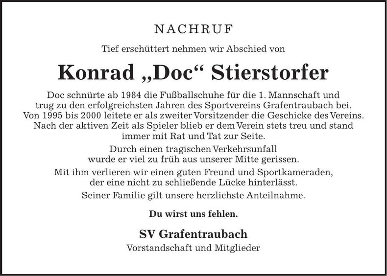 Traueranzeige Konrad Stierstorfer