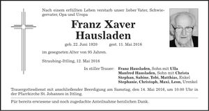 Traueranzeige Xaver Hausladen