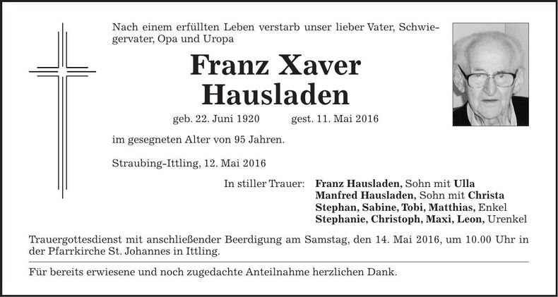 Traueranzeige Xaver Hausladen