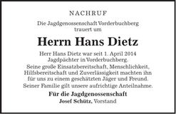 Traueranzeige Hans Dietz