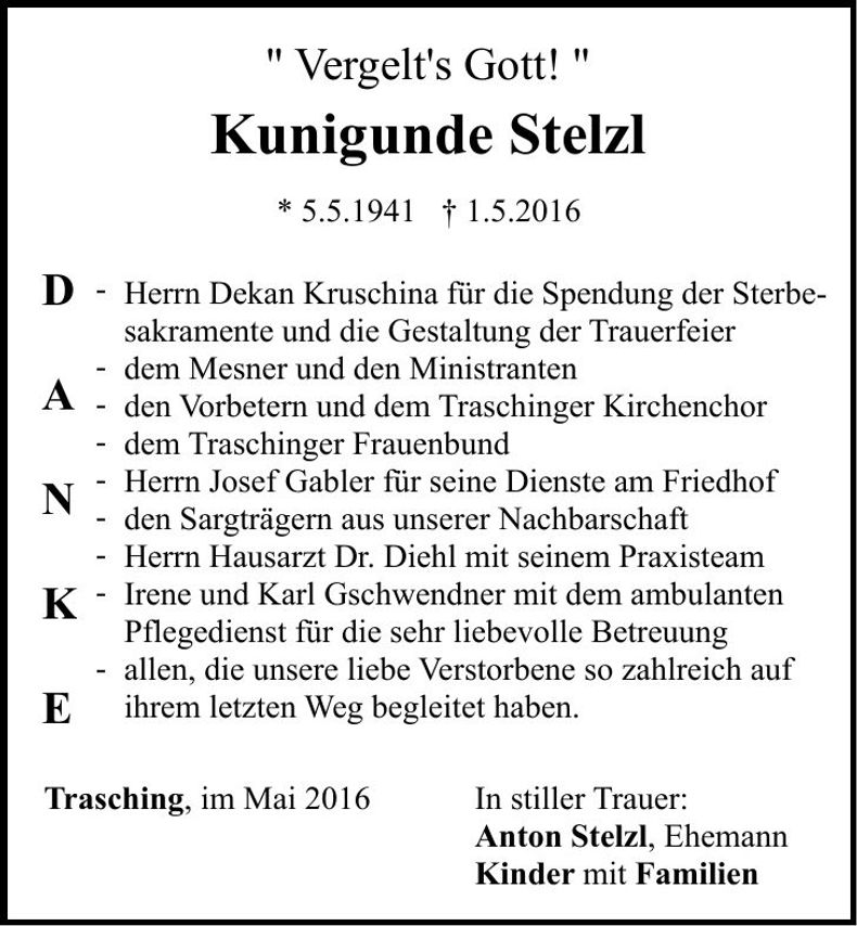 Traueranzeige Kunigundi Stelzl