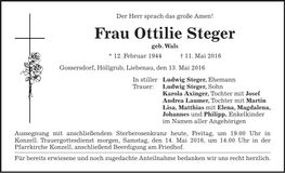 Traueranzeige Ottilie Steger