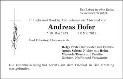 Traueranzeige Andreas Hofer
