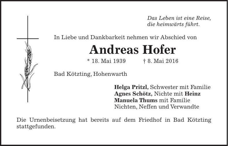 Traueranzeige Andreas Hofer