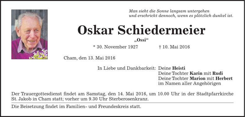 Traueranzeige Oskar Schiedermeier